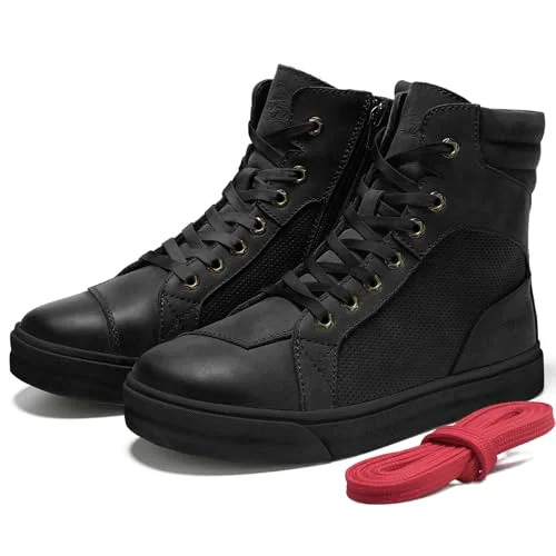 BORLENI Motorcycle Riding Shoes Genuine Cowhide Leather Breathable Protective Street Boots for Men (Black, 42) z6q1a