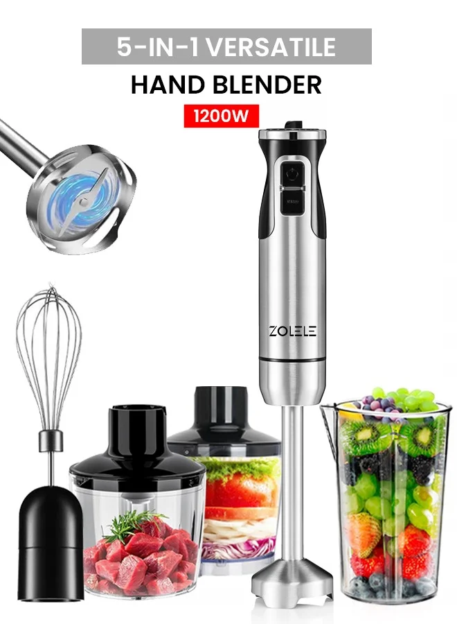 ZOLELE 5-in-1 Hand Blender with Stainless Steel Blades, 1200W High-Power Immersion Mixer with 8 Speed Settings (Silver, 1200W) z69ad