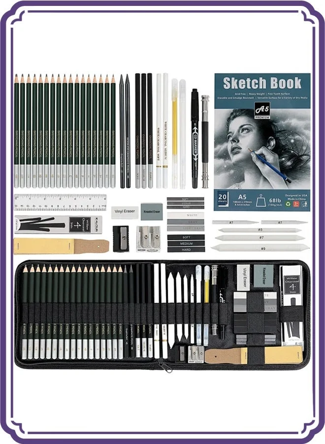 KALOUR Professional Sketching Pencil Set (54 Piece) - Complete Drawing Art Supplies with Zippered Travel Case for Beginners and Artists rfh6m