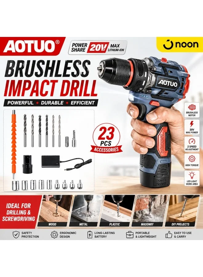 AOTUO 18V Cordless Power Drill Set, Professional Electric Screwdriver with 2 Batteries and Storage Case (28-Piece) woemw