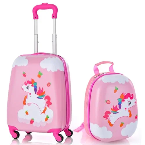 HONEY JOY Kids Travel Luggage Set, Durable ABS Hardshell Suitcase with Wheels and Matching Backpack for Toddlers (Unicorn, 2-Piece Set) 1kflh