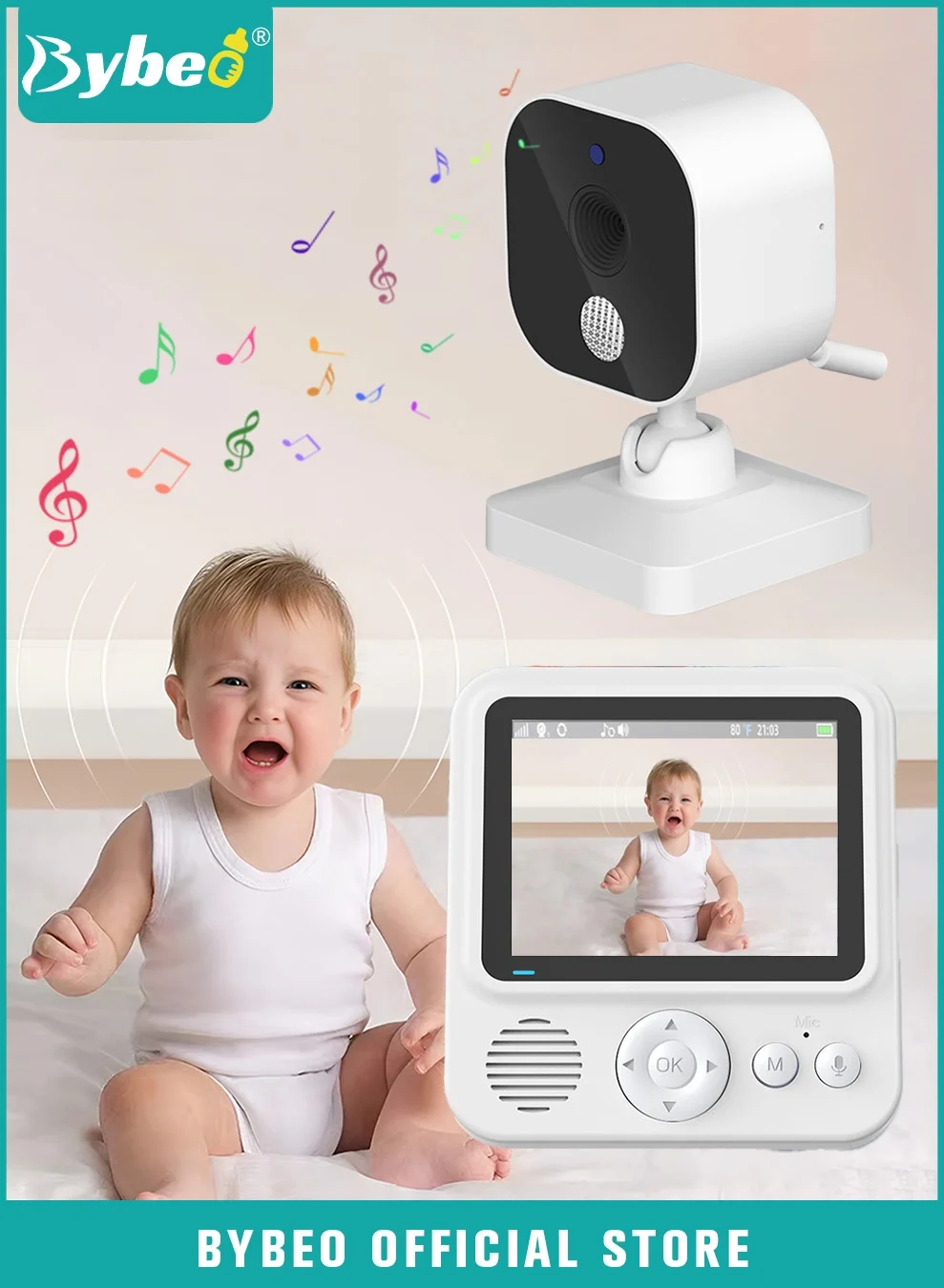 Bybeo Video Baby Monitor with 2.8 Inch LCD Display, 2-Way Audio, Night Vision, Temperature Sensor and 8 Lullabies (White, 1 Unit) uk2ym