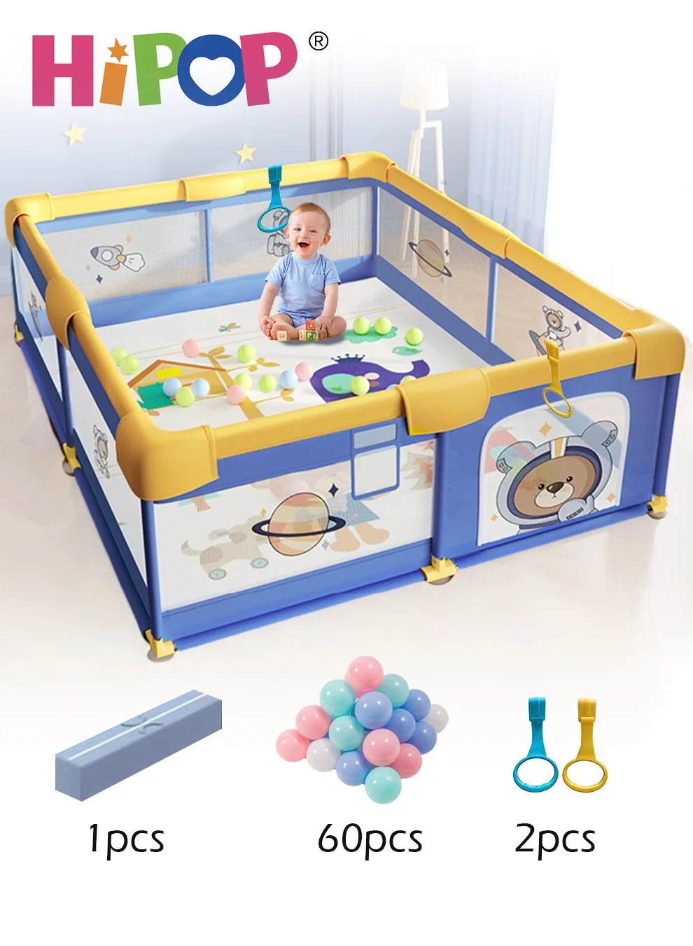 HIPOP Baby Playpen with Play Mat and 60 Play Balls (180x200cm, Grey) vuq9g