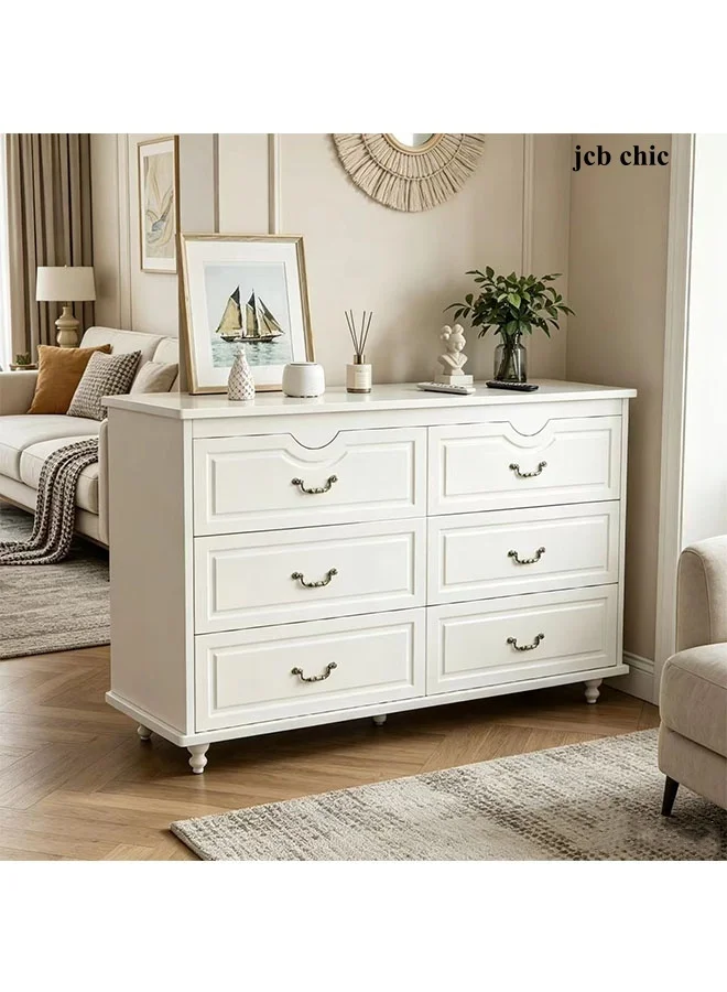JCB CHIC 6 Drawer Dresser Modern Wooden Storage Cabinet with Vintage Metal Handles (White, 120cm x 40cm x 80cm) c5agy