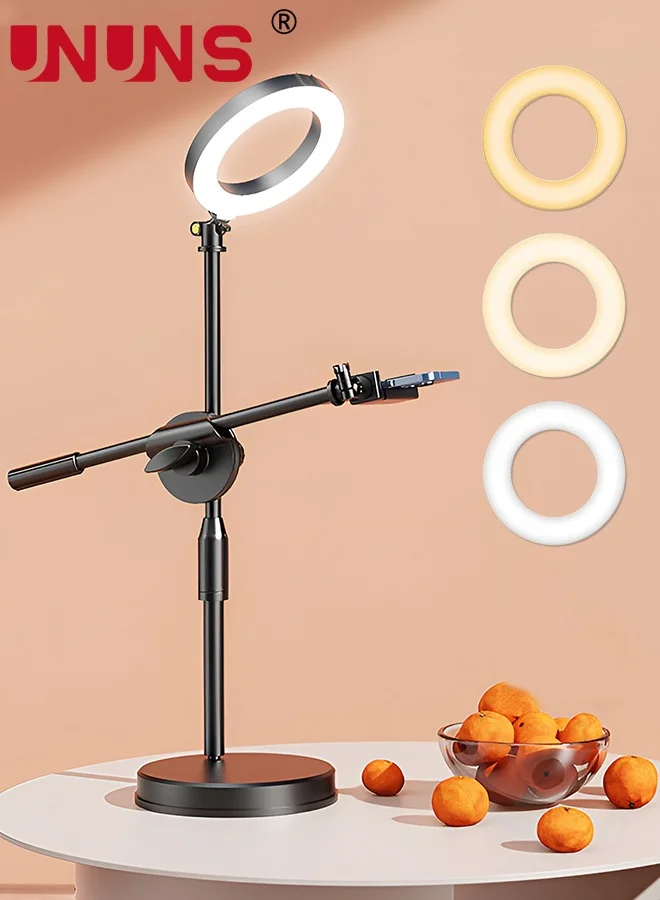 UNUNS Professional LED Ring Light with Desk Tripod Stand and Overhead Phone Holder (16cm, Black) jt2tf