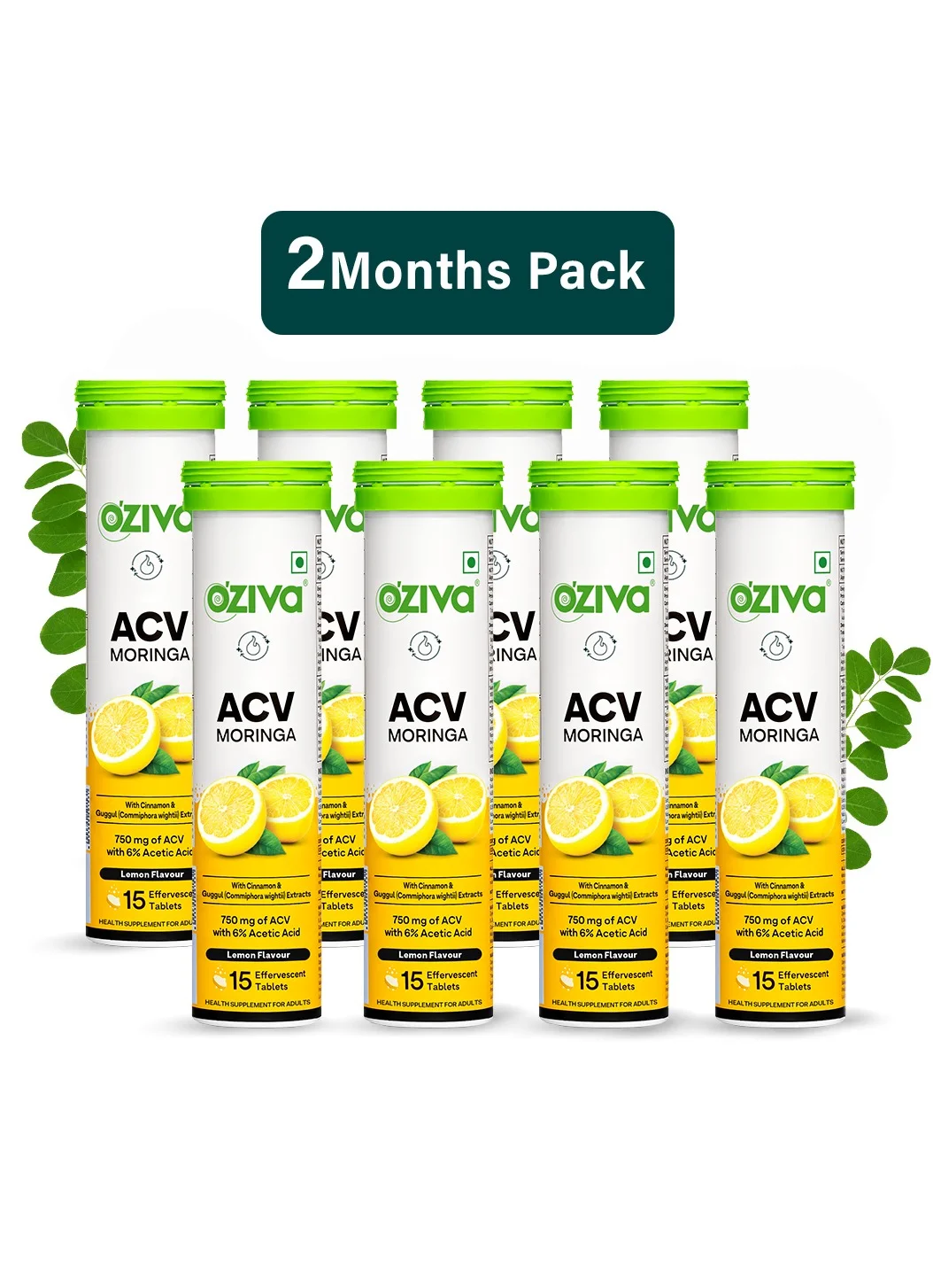 OZiva ACV Moringa Supplement with Cinnamon and Guggul (Lemon, 120 Tablets, Pack of 8) 7l5xv