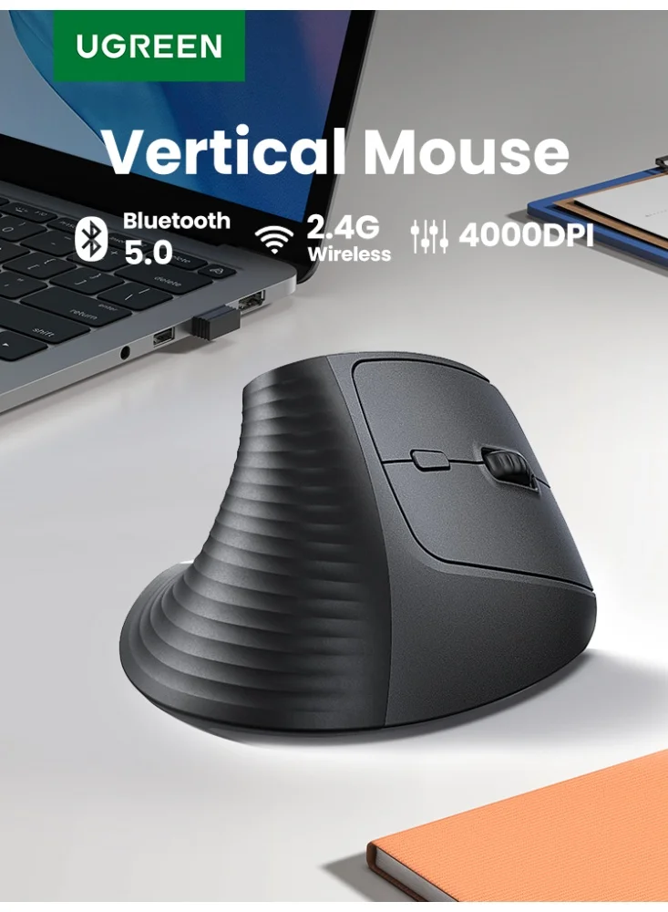 Vertical Ergonomic Wireless Mouse Dual-Mode Bluetooth 2.4G Silent Optical Mouse with 4000 DPI (Black) y86lu