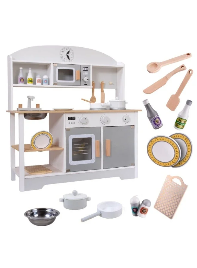 WALALLA Wooden Toy Kitchen Set with 12 Accessories, Interactive Play Kitchen with Oven, Sink, and Microwave for Kids (72 x 68 x 26 cm) 47bog
