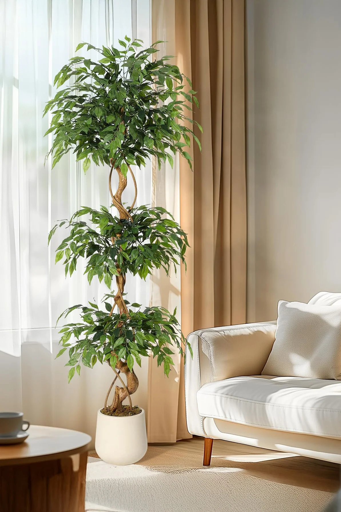 Zvezvia Artificial Ficus Tree with Curved Trunk and White Pot (120cm) 2td89