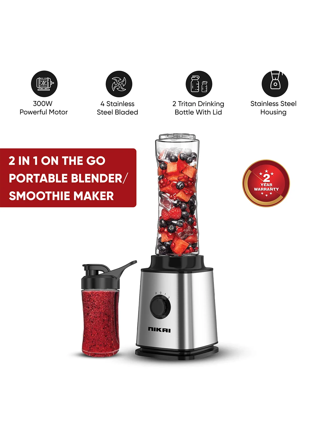 Nikai 300W Smoothie Maker Personal Blender with Stainless Steel Blades and BPA-Free Tritan Container (Silver, 600 mL) f9m7i