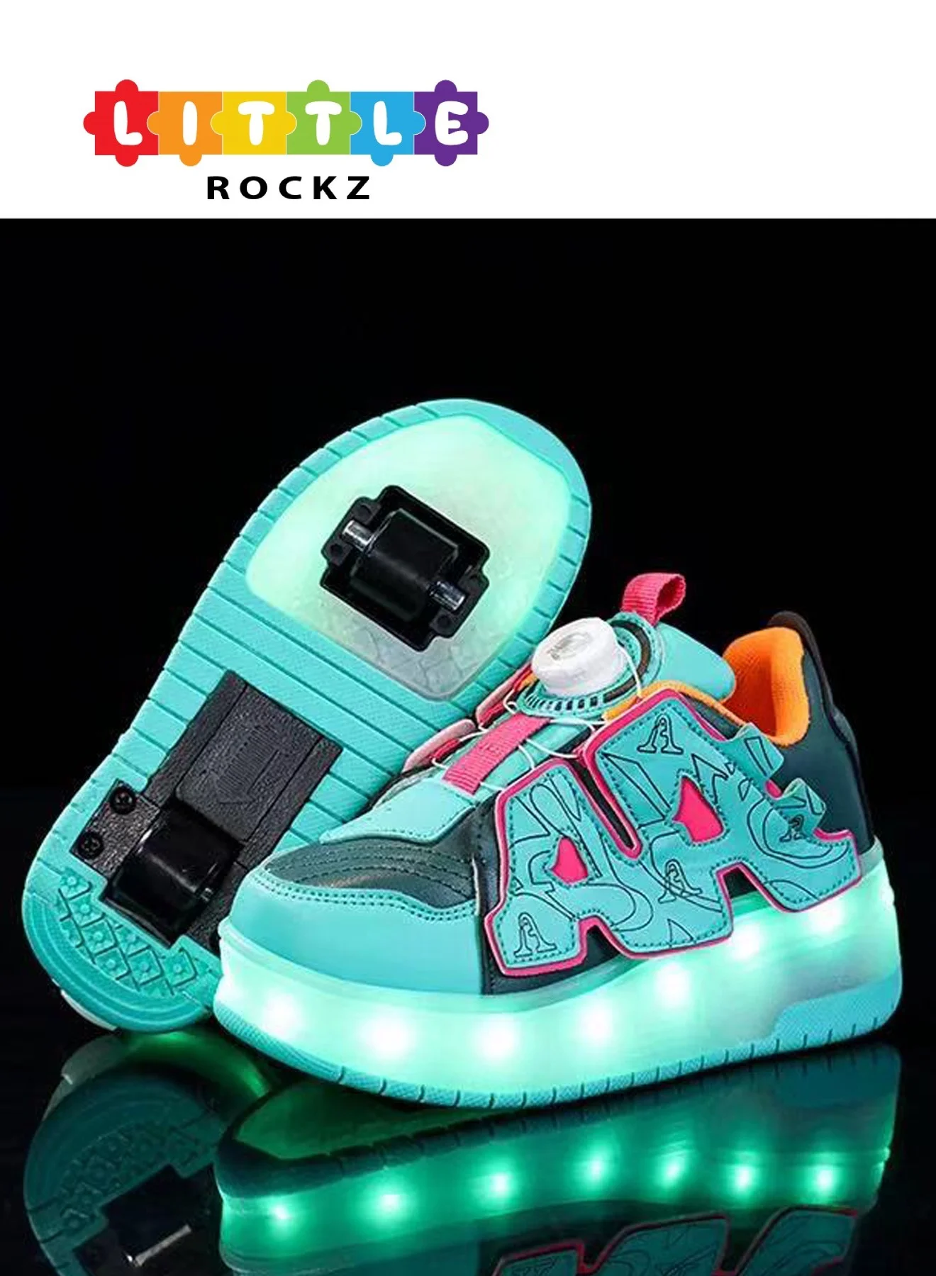LITTLE ROCKZ LED Light-Up Roller Sneakers with Dual Wheels and Lightning Sole Design (Unisex, Kids) 4147q