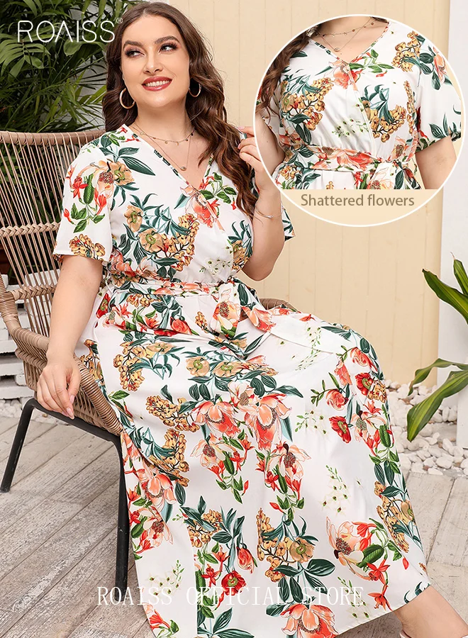 Roaiss Women's Floral Print Midi Dress V-Neck Short Sleeve High Waist Casual Party Dress with Belt (White, Large) z374x