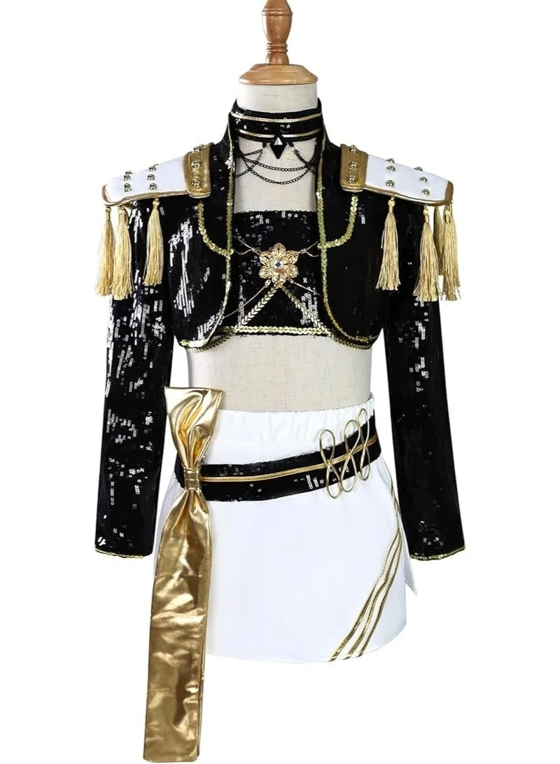 Premium K-pop Style Performance Outfit for Kids Black Gold Stage Costume (Black, 130 cm) rdubz