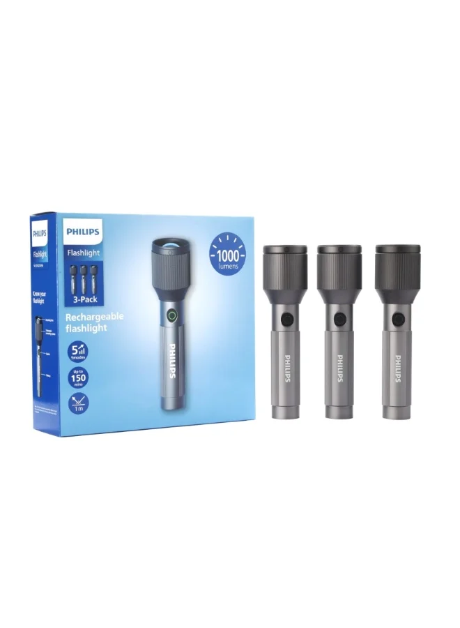 Professional Rechargeable LED Flashlight High-Lumen Zoom Torch (Grey, 3 Pack, 50x32x192mm) jvha7