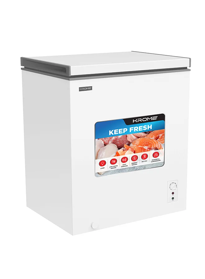 KROME Chest Freezer, Single Door Deep Freeze Storage, Energy Efficient Cooling, Recessed Handle (White, 150L) o68qw