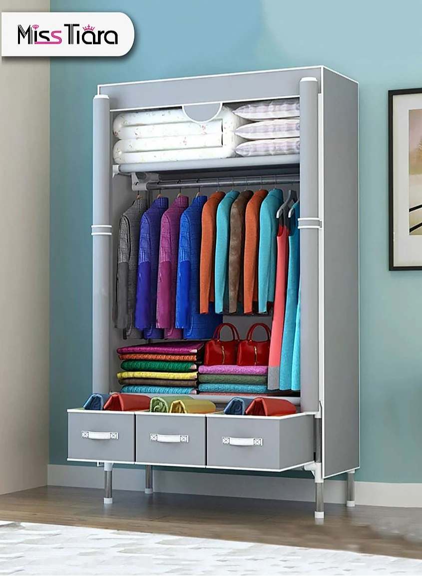 MissTiara Fabric Wardrobe Closet with Three Drawers and Hanging Rod (Foldable Non-Woven Garment Organizer Rack for Bedroom Home) fsnvh