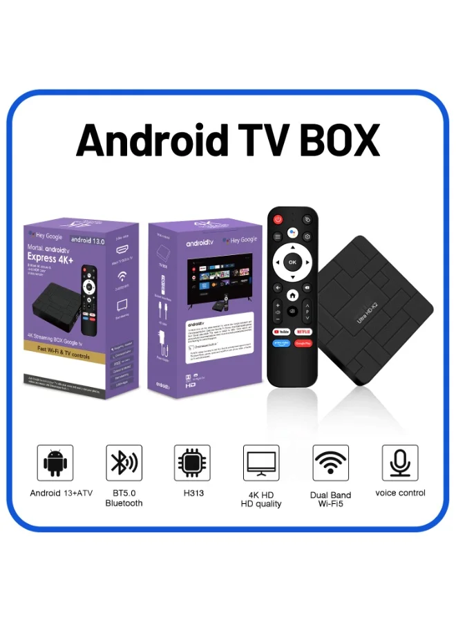Smart TV Box MX10 Android 13.0 4K Ultra HD Media Player with 2.4G/5G WiFi Quad-Core Processor (2GB RAM, 16GB Storage) h7jhc