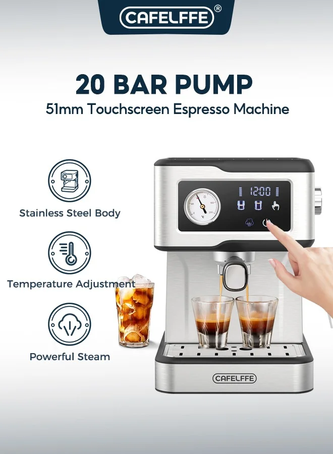Cafelffe Espresso Coffee Machine with Milk Frother 20Bar Pressure LCD Touch Screen for Latte and Cappuccino (1.5L) qlgqq