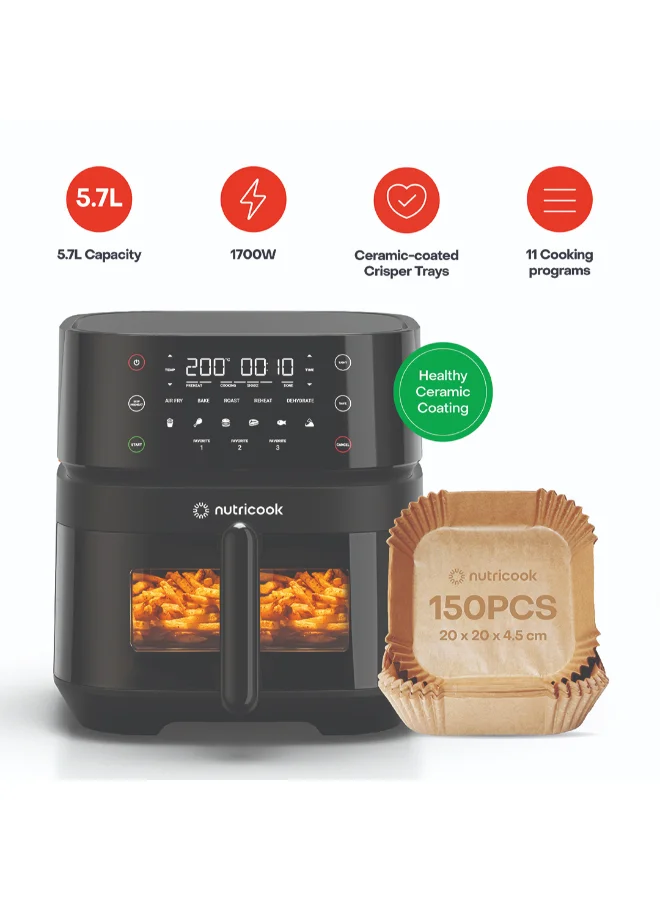 Nutricook Digital Air Fryer Vision with Clear Window and Internal Light (Black, 5.7L, 1700W) 7z9lg