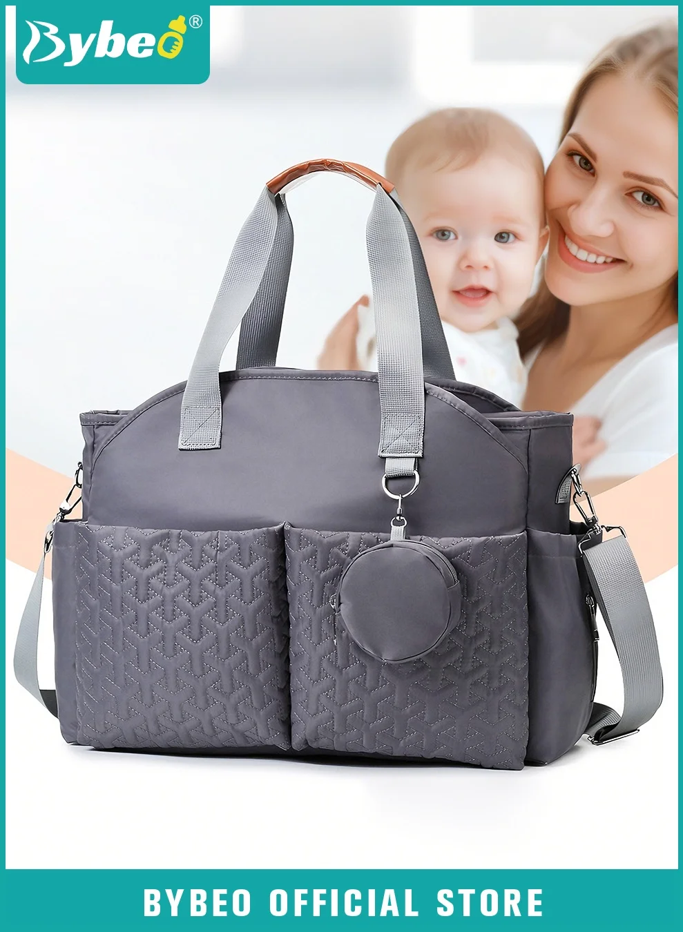 Bybeo Multifunctional Baby Diaper Bag Tote with Changing Mat and Small Pouch (Large Capacity, Grey) 8k6ee