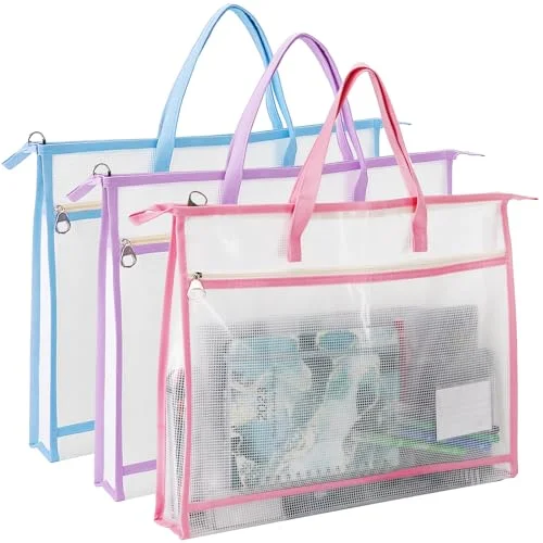 Premium A3 Mesh Project Storage Bags with Zipper and Handle (Clear, 3 Pack) geb44
