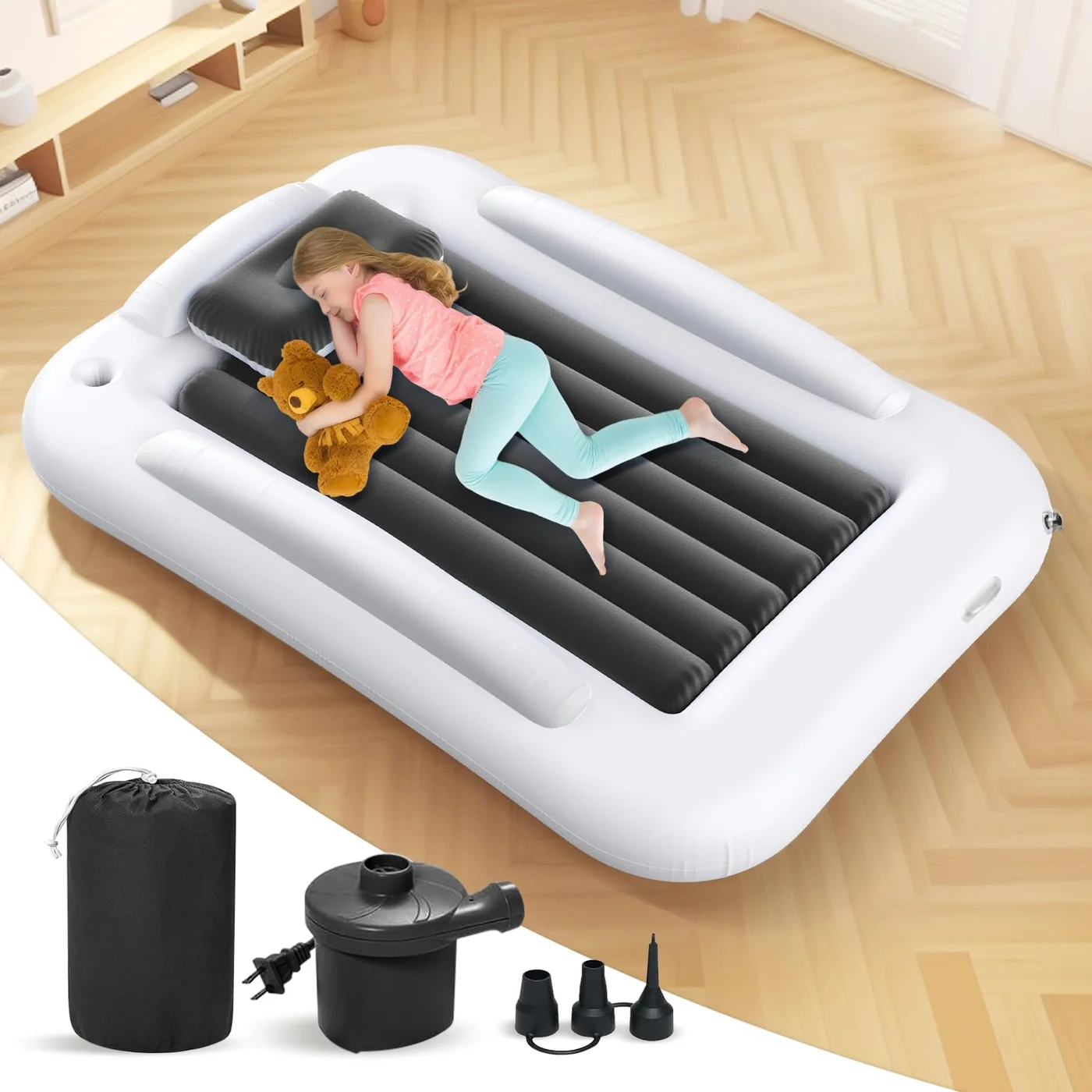 Deeteck Inflatable Toddler Travel Bed with Safety Sides and High-Speed Pump (Grey, 152 cm) kyblm