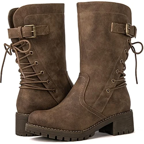 GLOBALWIN Women Mid Calf Biker Boots Lace Up Combat Motorcycle Riding Fashion Boots (Camel, 39 EU) xz7u5