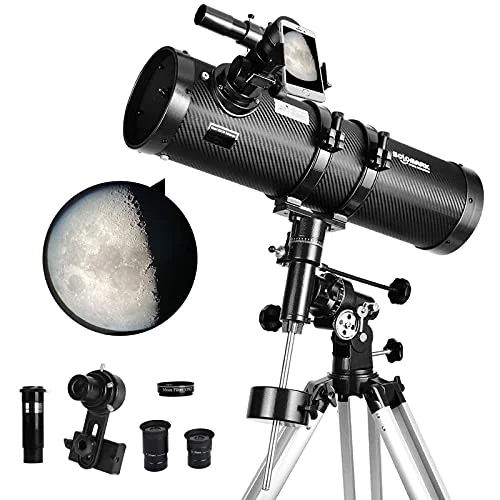 SOLOMARK 130EQ Newtonian Reflector Telescope Professional Astronomy Set with 1.5X Barlow Lens Smartphone Adapter and Moon Filter (130mm Aperture) ueghz