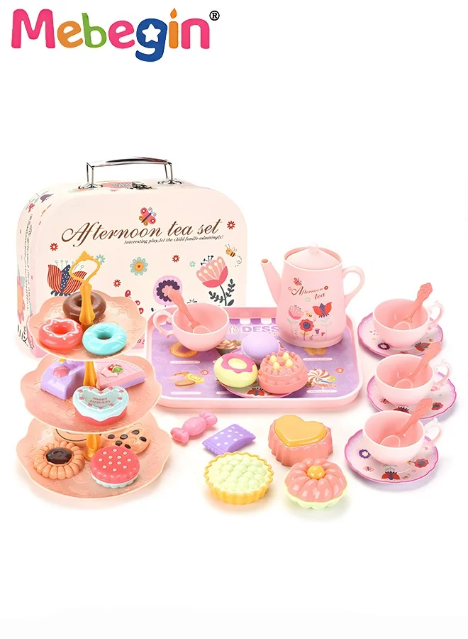 MEBEGIN Pretend Play Tea Party Set for Kids, Princess Kitchen Toy with Tin Teapot and Dessert Accessories (15-Piece Set) 24c56