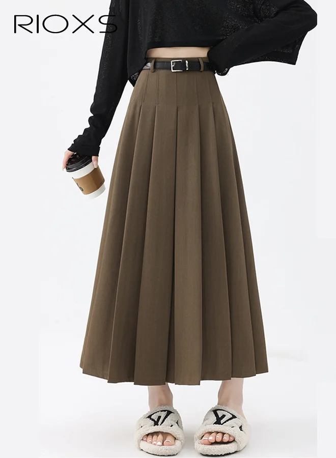RIOXS Women's Pleated A-line Maxi Skirt High Waisted Ankle Length Casual Skirt with Belt (Brown, One Size) r8b58