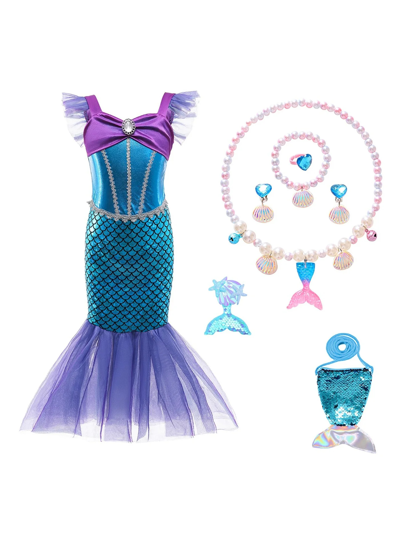 VUCATIN Mermaid Princess Costume Dress Set for Kids (Multicolor, 120cm) 3hm8g
