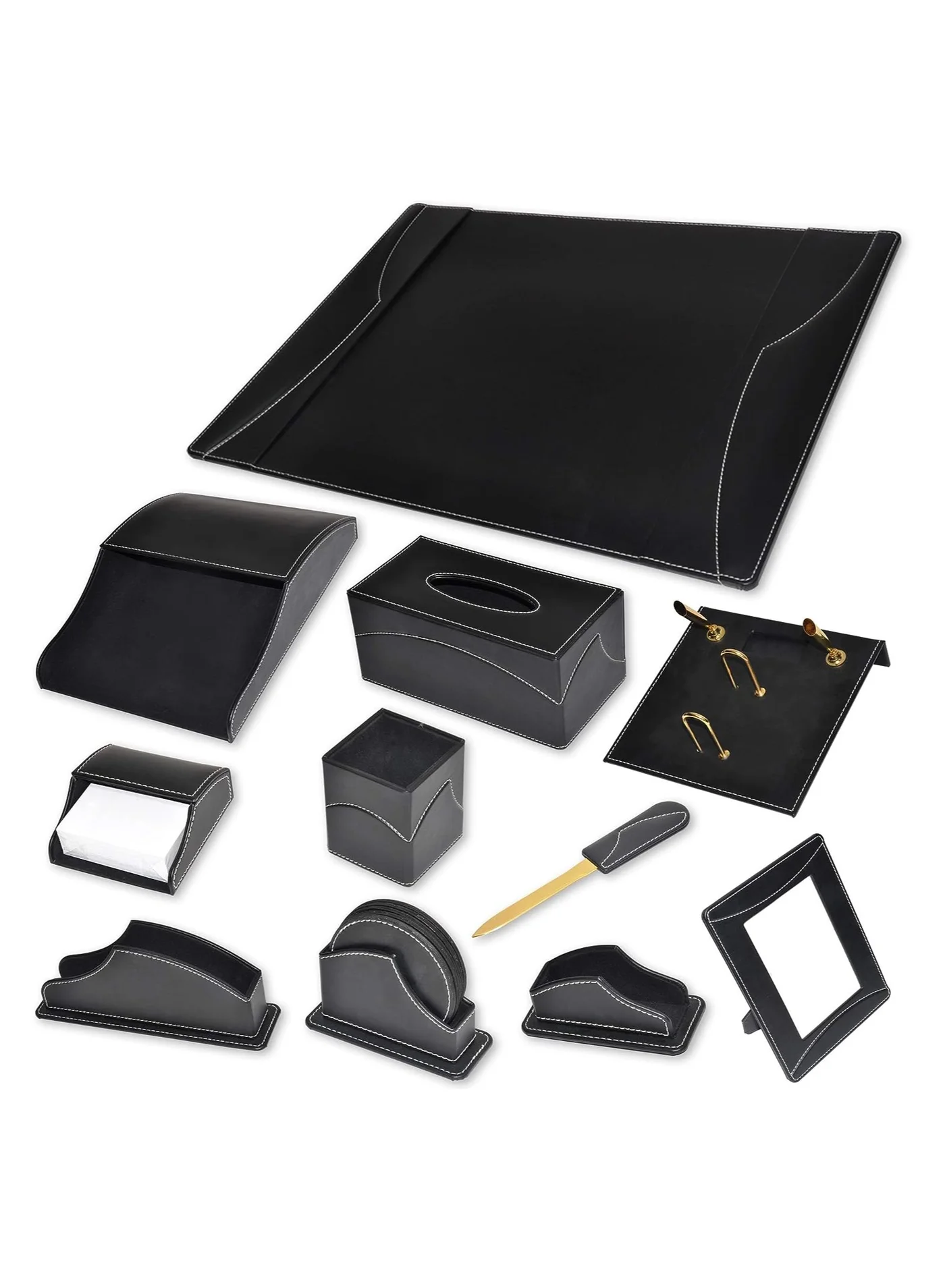 Executive Desk Organizer Set (11-Piece, Italian PU Leather, Black) Premium Office Stationery Kit qfb3d