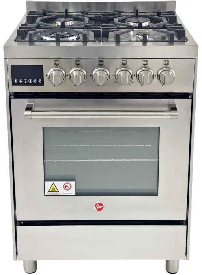 Premium 60x60cm Full Gas Cooker with 4 Burners and Wok Support, Safety Gas Oven and Grill, Cast Iron Grates, Convection Fan, Silver Finish (60x60cm) uflp6