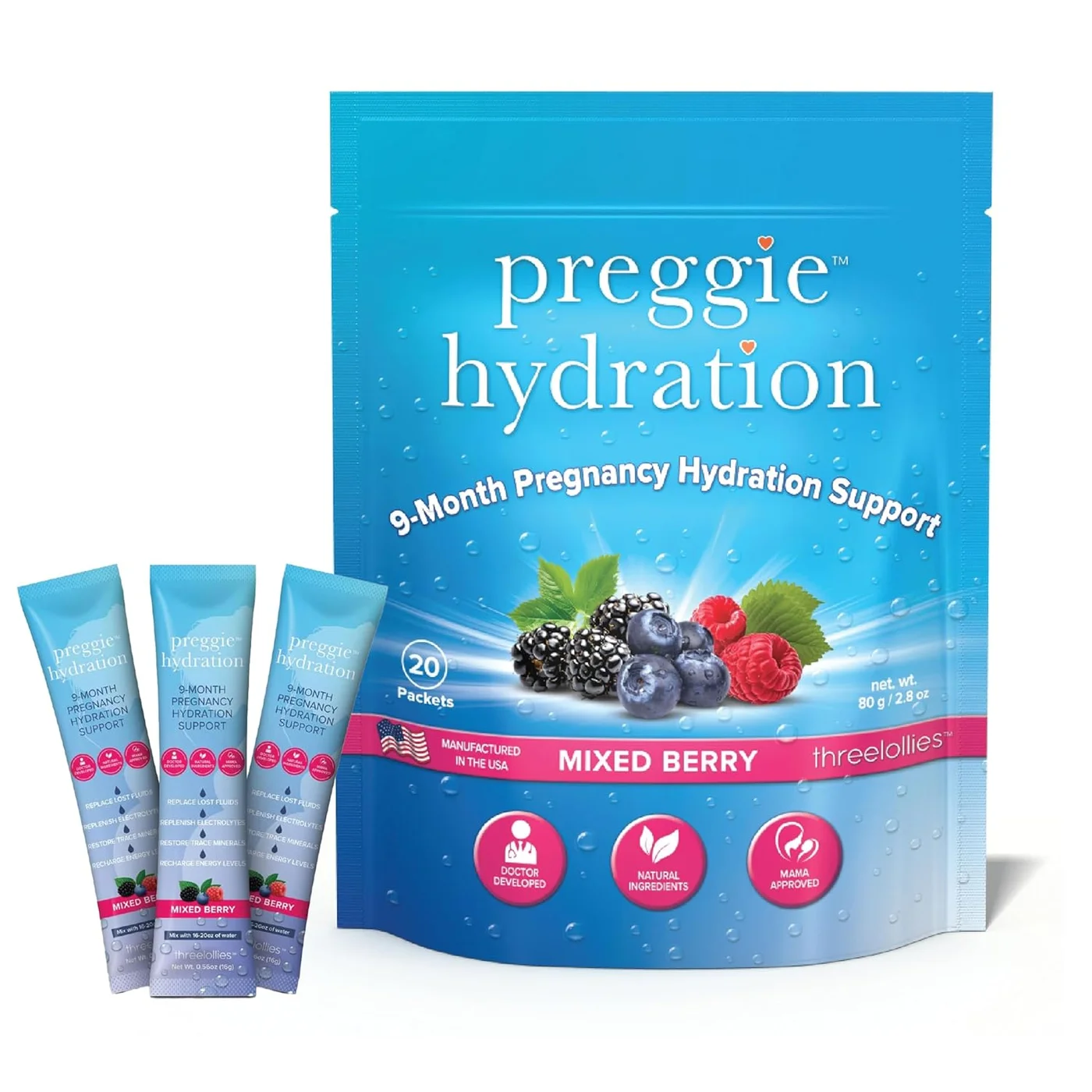 Three Lollies Preggie Hydration Electrolyte Drink Mix (Mixed Berry, 10 Packets) ie02m