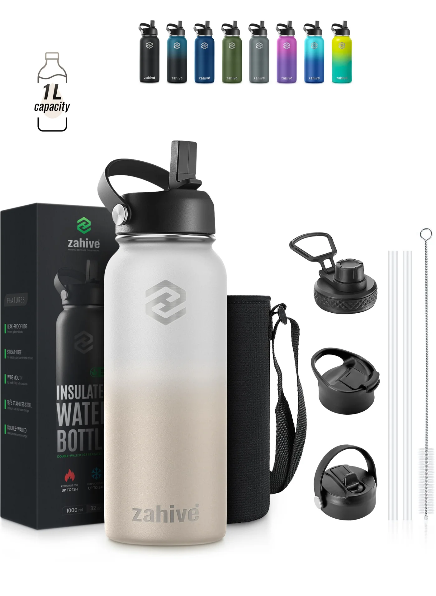 Zahive Insulated Stainless Steel Water Bottle with Straw and 3 Lids, Double Wall Thermos for Hot and Cold Drinks (Desert White, 1000 mL) pqd89