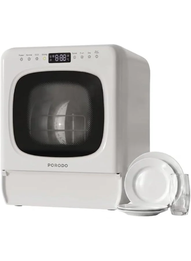 Porodo Countertop Dishwasher with UV Sterilization and 6 Programs, Compact Design for Small Kitchens (White, 5.7L Capacity) y23ng