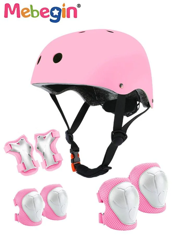 MEBEGIN 7 Pcs Multi-Sport Protective Gear Set with Adjustable Helmet Knee Elbow Pads and Wrist Guards for Kids (Pink, 7-Piece Set) 4b5v8