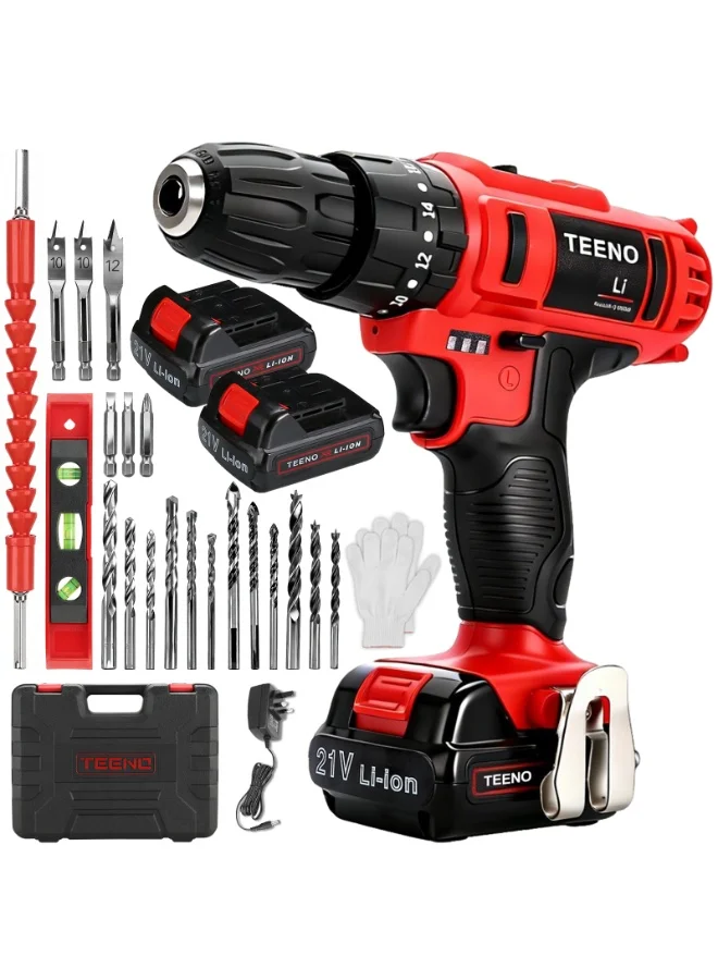 TEENO Cordless Impact Drill Driver Set (21V, 1.5Ah, 25pcs Accessories) High-Torque Electric Power Tool for Wood Drilling and Fastening 6sfsg