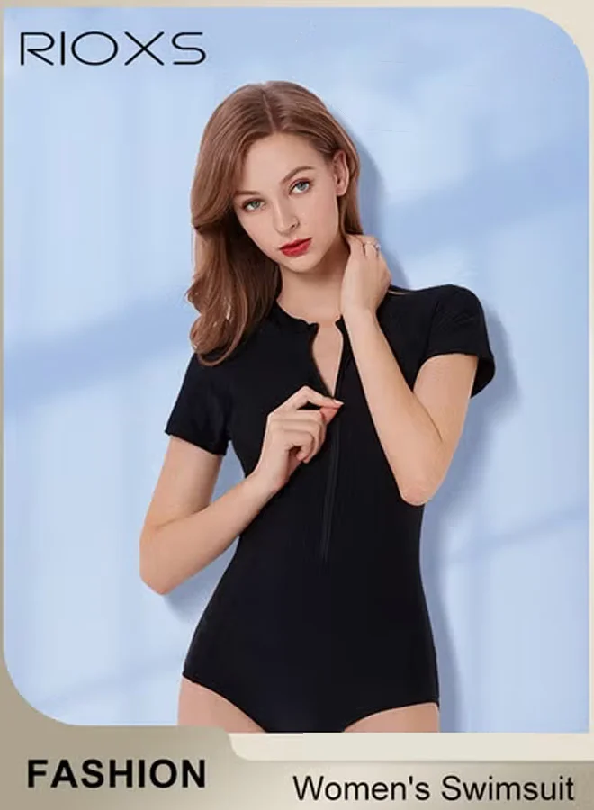 RIOXS Women's One-Piece Rash Guard Swimsuit Front Zip Modest UV Protection Swimwear (Black, Medium) zungh