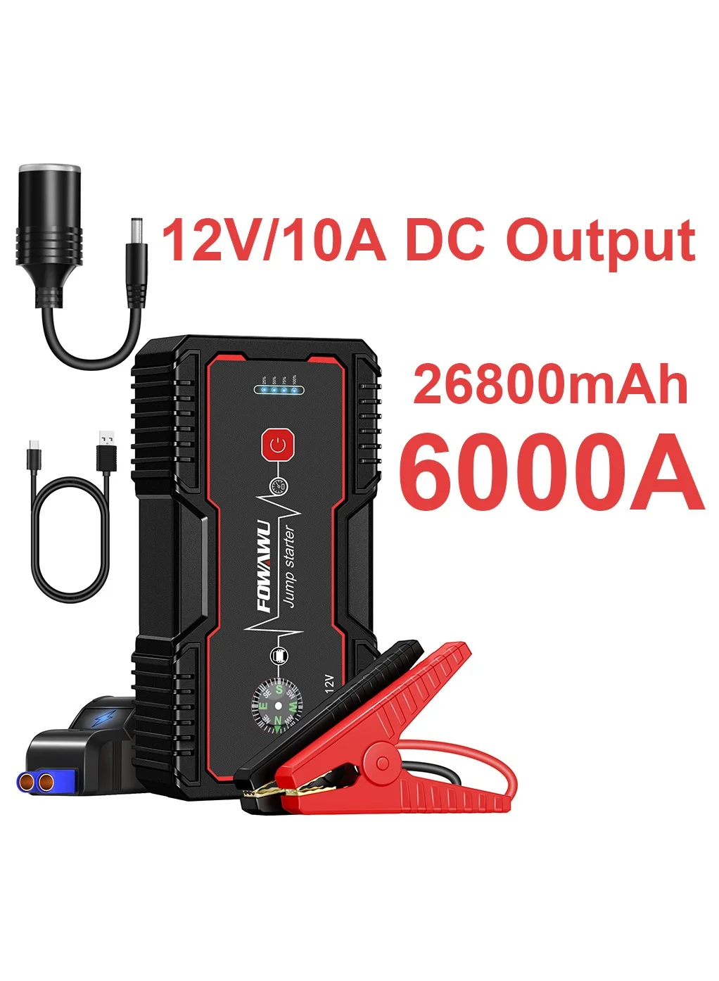 FOWAWU 26800mAh 6000A Portable Car Jump Starter Power Bank (Water-Resistant, 12V DC Output, LED Light) gn3be