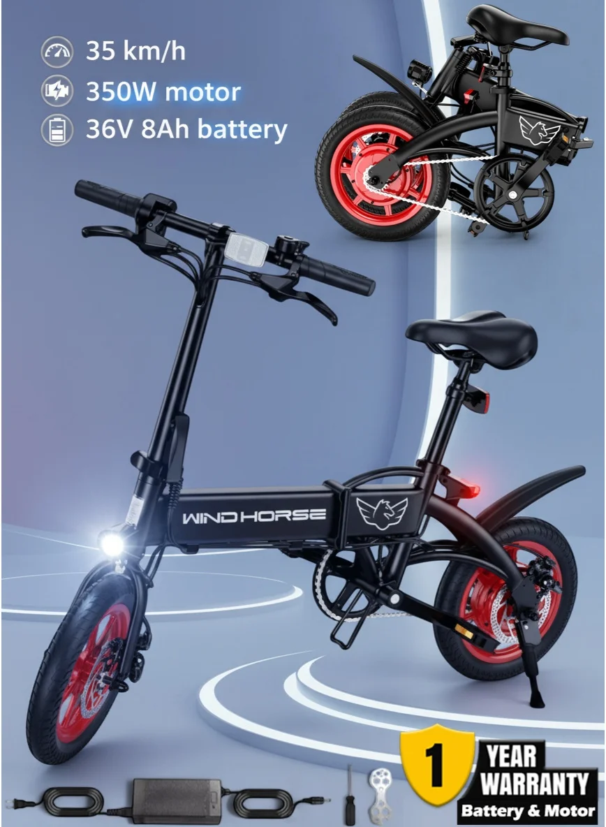 Wind Horse Foldable Electric Bike 350W Brushless Motor Lightweight Carbon Alloy Frame (14-Inch Tires, 36V 8Ah Battery) for City Commute rr8ws