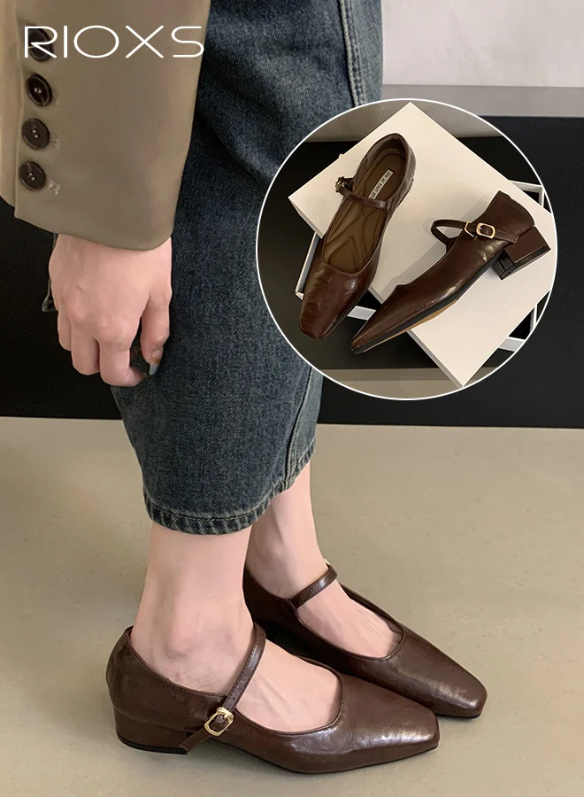 RIOXS Women's Mary Jane Heels Square Toe Chunky Low Heel Pumps with Buckle Strap (Brown) 10pch