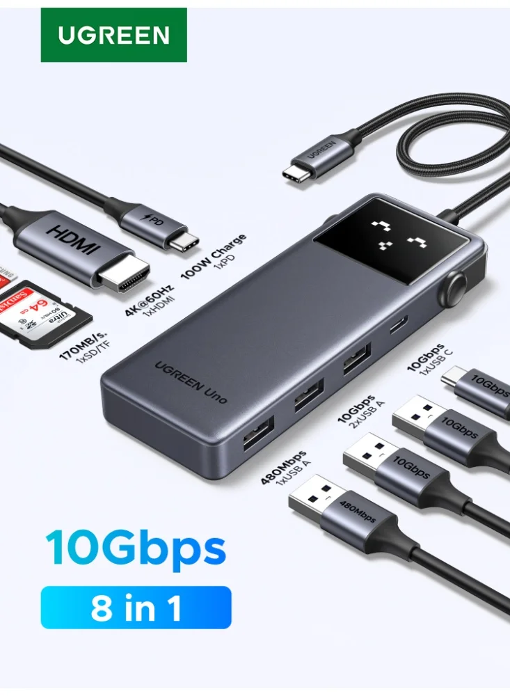 Premium 8-in-1 USB-C Docking Station with Dynamic Display, 10Gbps Data Transfer, 4K@60Hz HDMI, 100W PD Charging (Grey) n10a2