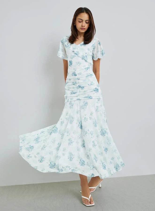 Styli Floral Mesh Maxi Dress Elegant Gathered Long Dress for Women (White, Medium) qlvla