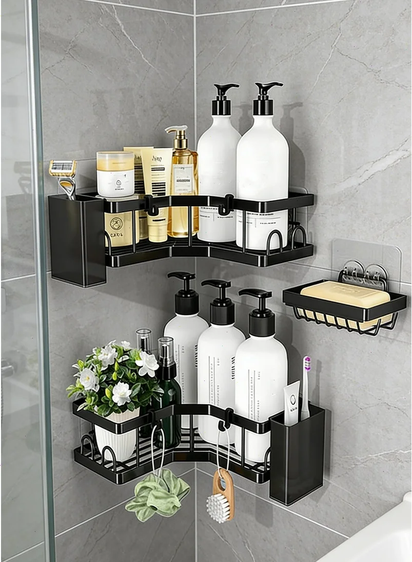 Yoawllty Shower Caddy 3-Pack Bathroom Storage Shelves (No-Drill Corner Rack with Hooks, Soap and Toothbrush Holder, Silver, 3-Piece Set) 6y4zk