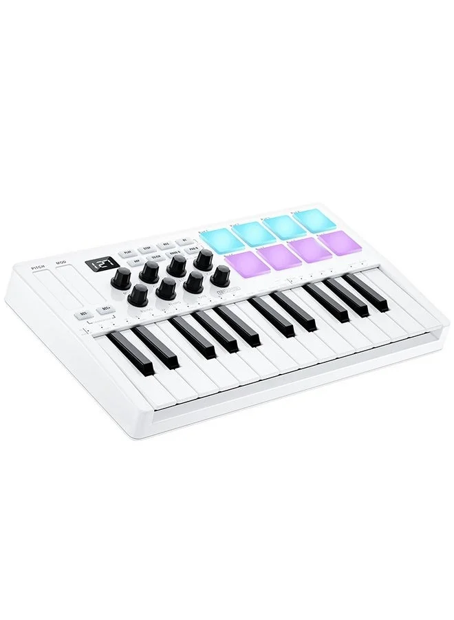 WALALLA 25-Key MIDI Keyboard Controller with Bluetooth and USB Connectivity, Semi-Weighted Keys, 8 Backlit Drum Pads, and 8 Assignable Knobs (White) sgsx0