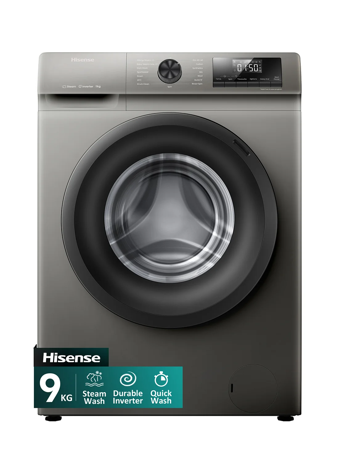 Premium 9kg Front Load Fully Automatic Washing Machine with 15 Wash Programs, Child Lock, and Super Quick Wash (Grey, 1750W) e3sun