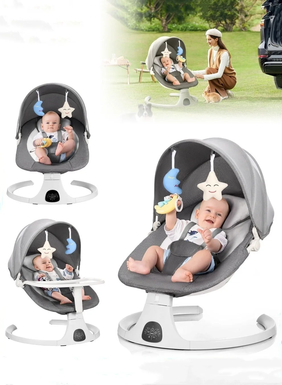 MIXDE Electric Baby Swing with Dining Table and Bluetooth Music (5 Speeds, 3 Positions, Portable Rocker for Infants) frss2