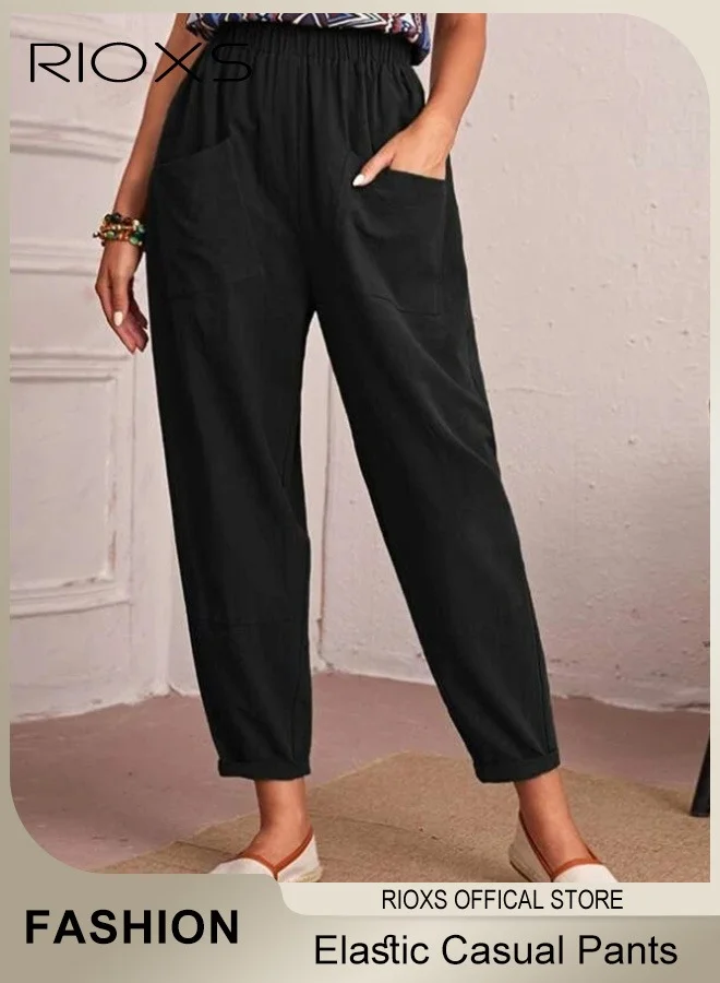 RIOXS Women Casual Harem Pants High Waisted Cotton Linen Trousers With Pockets (Regular Fit, For Daily Wear) yd3mp