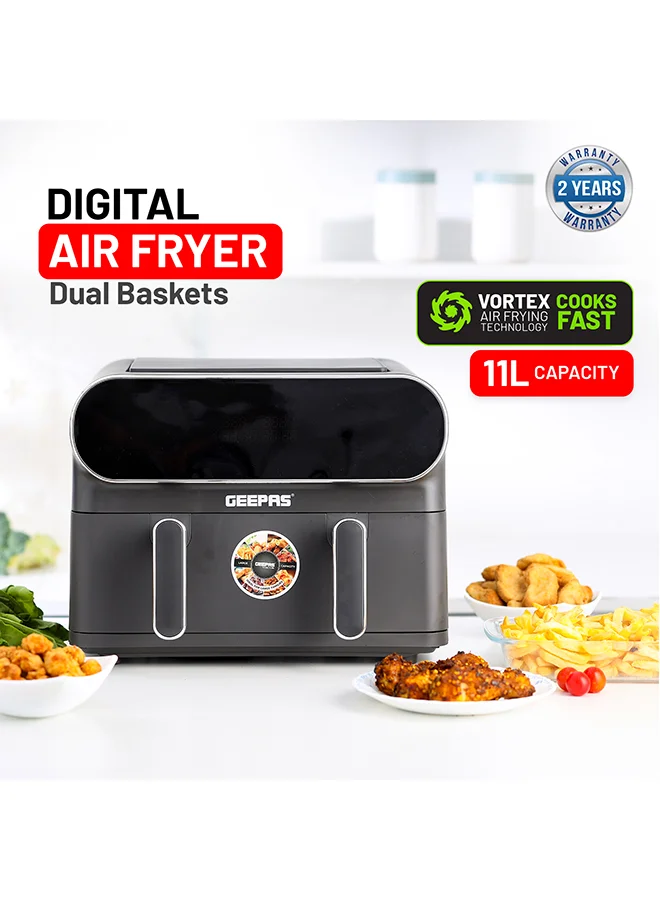 Geepas Digital Air Fryer with Dual Baskets and Vortex Technology (Metallic Grey, 11 L) yo4gh